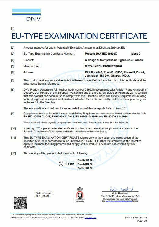 ATEX 48906X Certificate for Cable Glands
